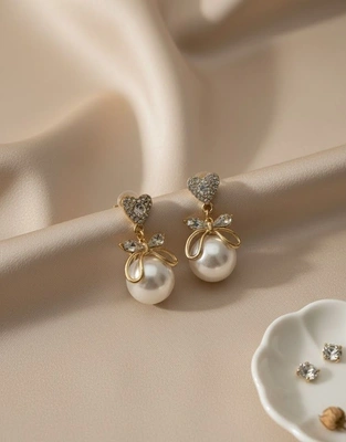 Crystal Heart Pearl Drop Earrings
