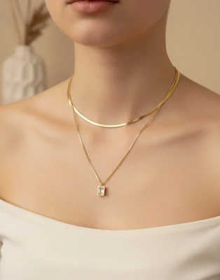 Dual Snake Chain Necklace with Crystal Pendant