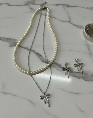 Dainty Silver Tone Bow Drop Earrings for Women