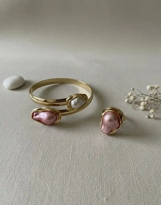 Blush Pearl Statement Bracelet & Ring Set