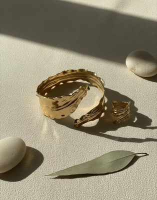 Gold Leaf Bracelet & Ring Set for Women