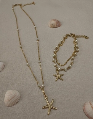 Gold Starfish Pearl Necklace & Bracelet Set