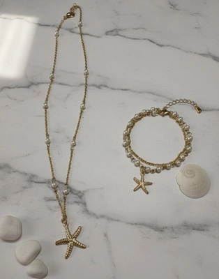 Gold Starfish Pearl Necklace & Bracelet Set
