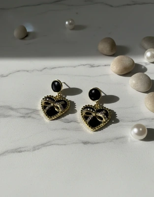 Midnight Heart Bow Drop Earrings