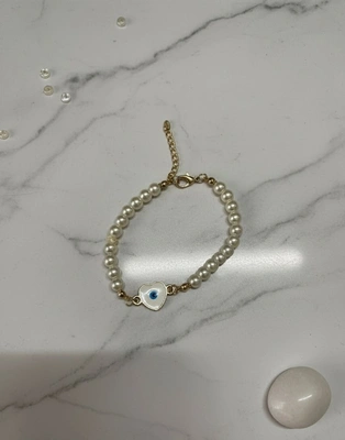 Pearl Bracelet with White Heart Evil Eye Charm