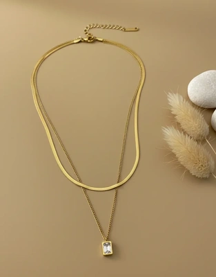 Dual Snake Chain Necklace with Crystal Pendant