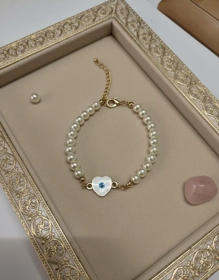 Pearl Bracelet with White Heart Evil Eye Charm