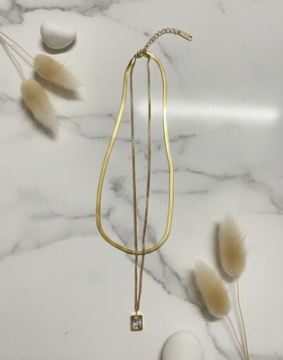 Dual Snake Chain Necklace with Crystal Pendant