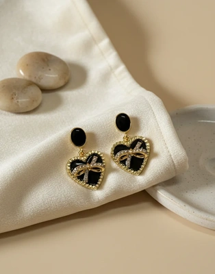 Midnight Heart Bow Drop Earrings