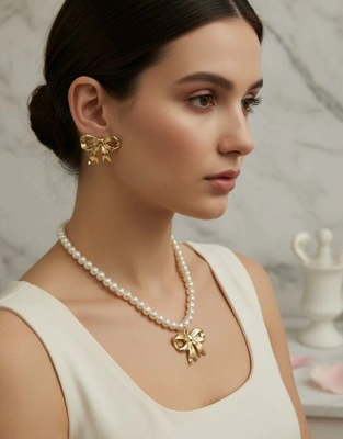 Pearl & Gold Bow Jewellery Set