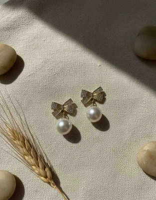 Golden Bow Pearl Drop Earrings