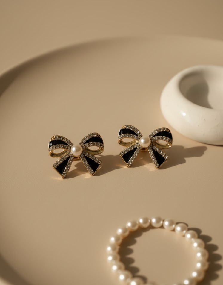 Black Bow Pearl Stud Earrings