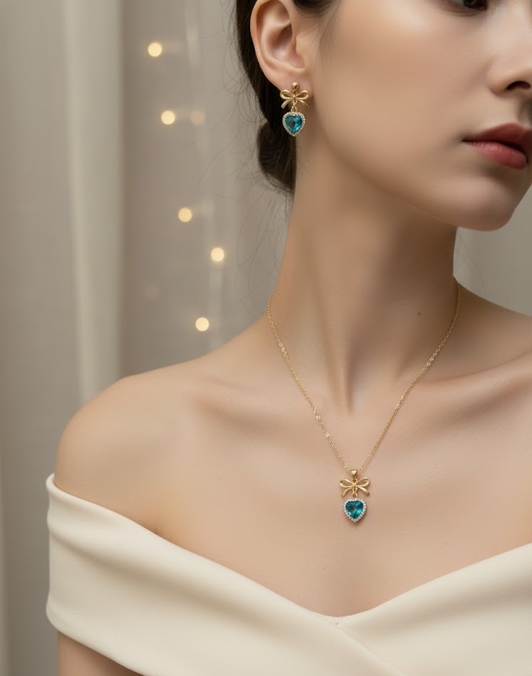 Dainty Gold Ribbon Stud Earrings with Aquamarine Heart Detail