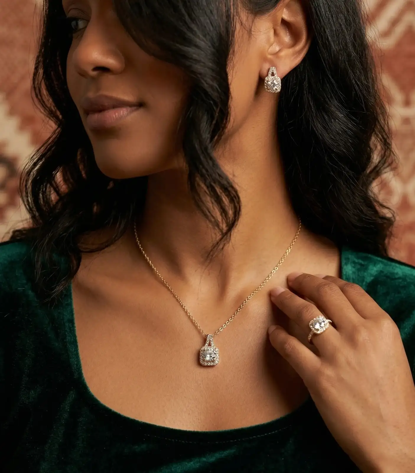 Crystal Gold Toned Necklace, Earring & Ring Set