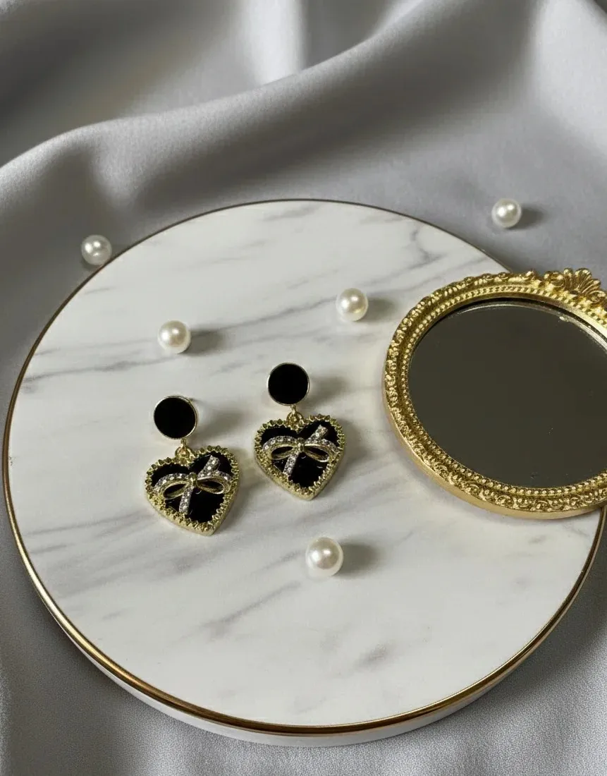 Midnight Heart Bow Drop Earrings