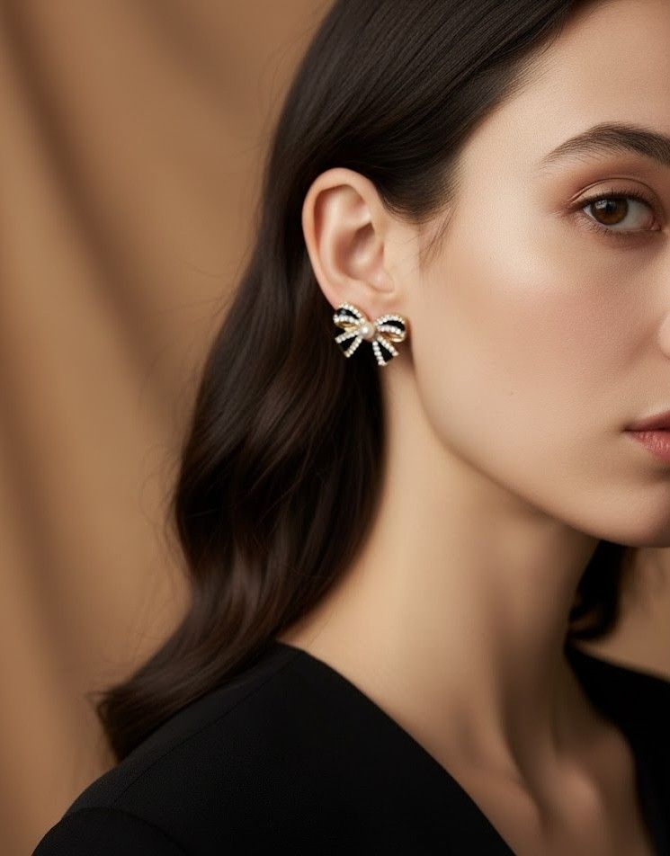 Black Bow Pearl Stud Earrings