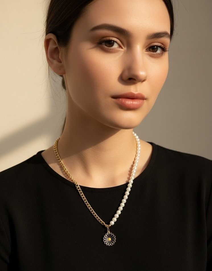 Half Pearl Half Chain Necklace with Black Daisy Pendant