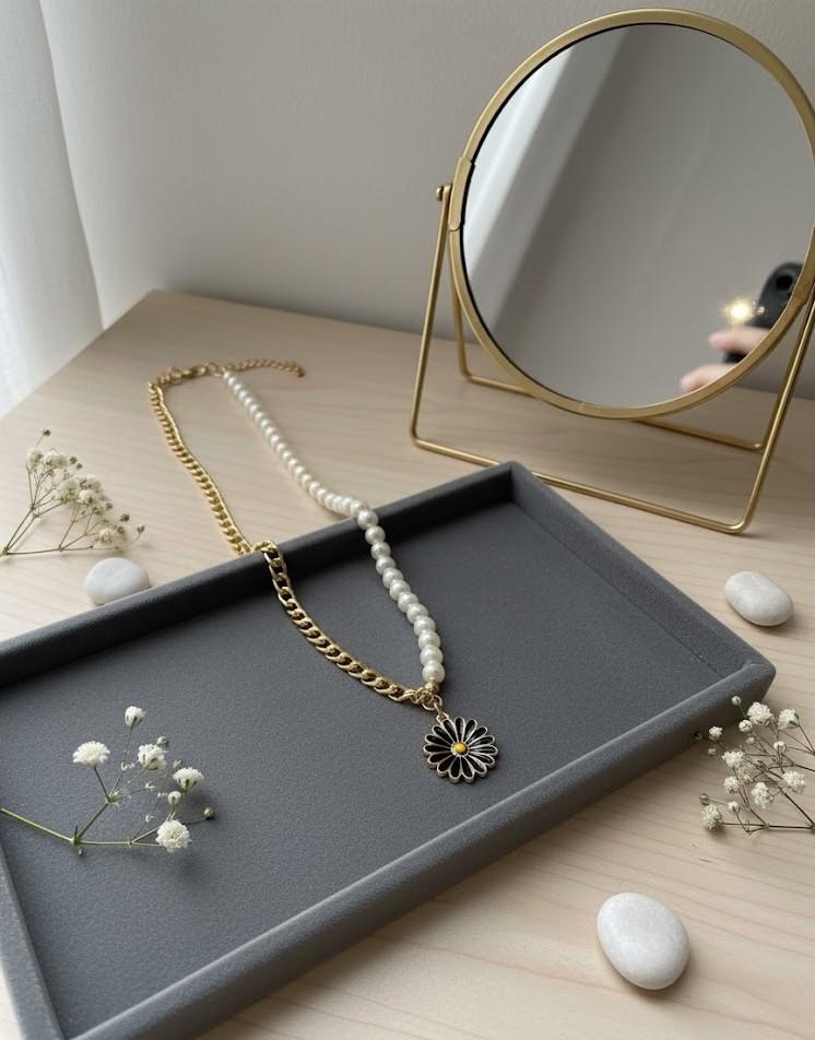 Half Pearl Half Chain Necklace with Black Daisy Pendant