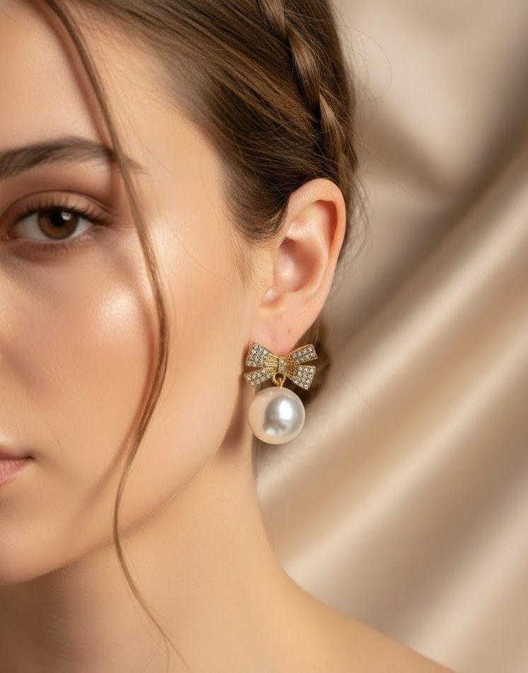 Golden Bow Pearl Drop Earrings