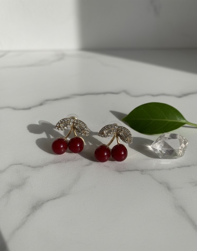 Cherry Stud Earrings with Red Beads & Crystal Leaves