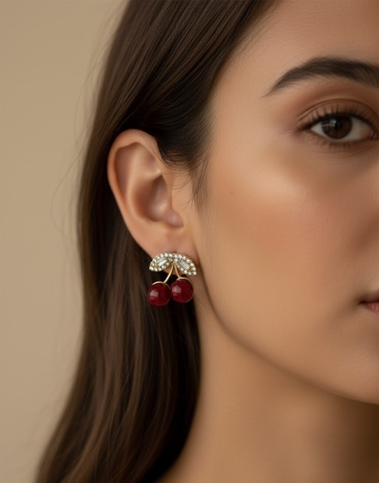 Cherry Stud Earrings with Red Beads & Crystal Leaves