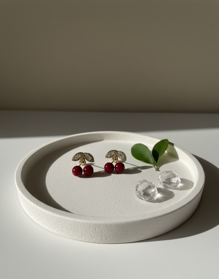 Cherry Stud Earrings with Red Beads & Crystal Leaves