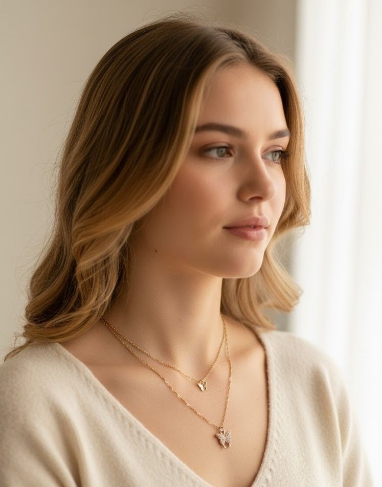 Layered Gold Butterfly Pendant Necklace