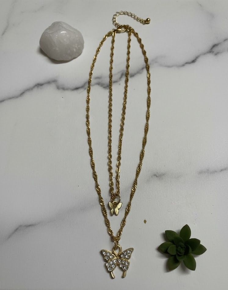 Layered Gold Butterfly Pendant Necklace