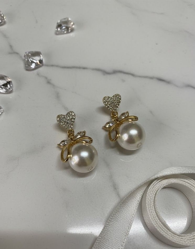 Crystal Heart Pearl Drop Earrings