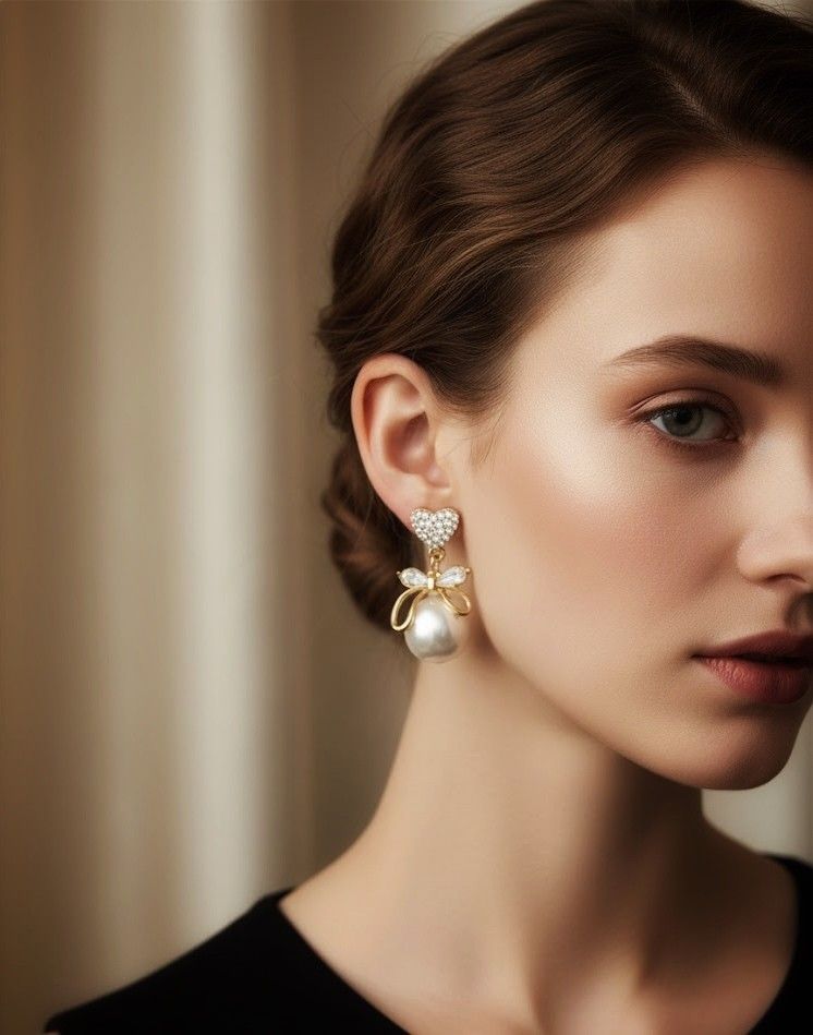 Crystal Heart Pearl Drop Earrings