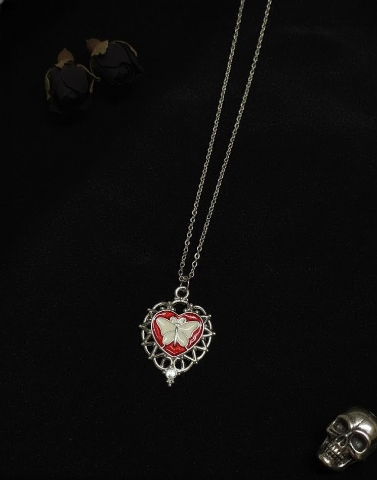 Crimson Heart Butterfly Pendant Necklace