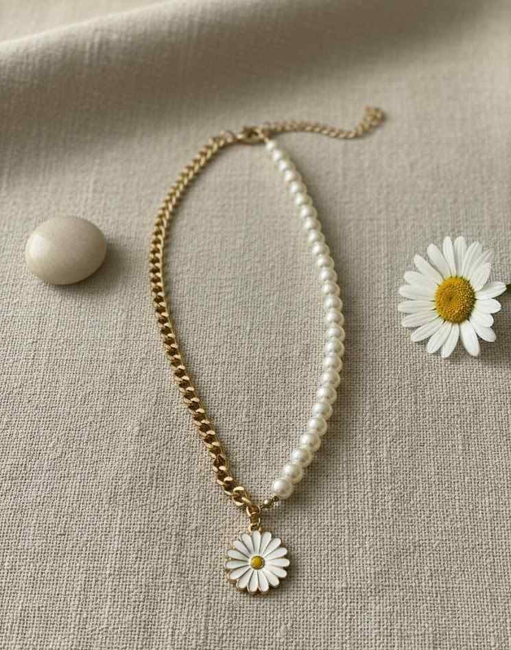 Half Pearl Half Chain Necklace with White Daisy Pendant