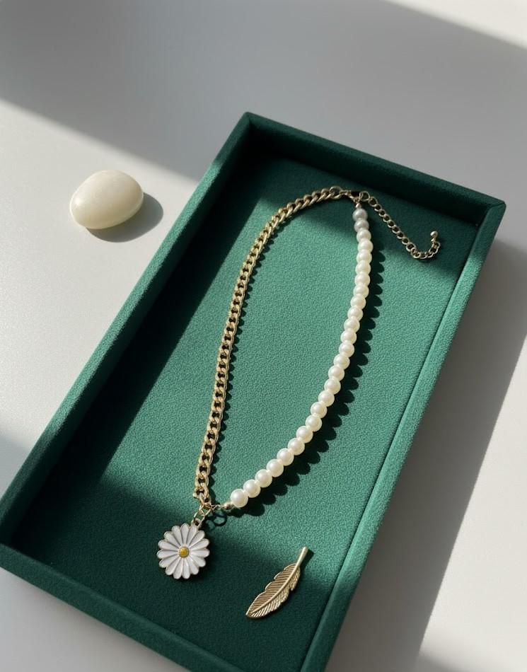 Half Pearl Half Chain Necklace with White Daisy Pendant